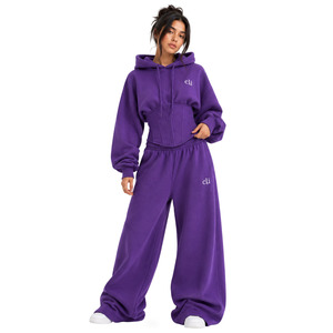 Low MOQ Y2K Luxury <b>Red</b> <b>Corset</b> Waist Cropped Hoodies OEM Women's Contemporary Tracksuit Heavyweight Cotton Fleece Wide Leg Pants - Product Image 5