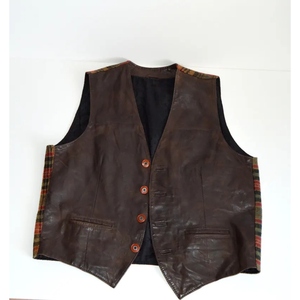 Vintage Leather Front <b>Tartan</b> Back Panel Motorcycle Biker Vest Custom Plaid <b>Waistcoat</b> Genuine Leather Fashion Streetwear Vest - Product Image 1