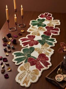 Handmade Eco-Friendly Durable Fabric Table <b>Runner</b> Irregular Shape Red <b>Green</b> Gold Floral Design Luxury Style Dining Table - Product Image 2