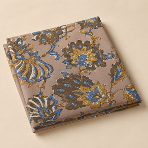 Tissu en coton imprimé à la main, motif floral Buta beige et bleu, doux et respirant, idéal pour la confection de robes, de Kurta et la décoration intérieure. - Product Image 3
