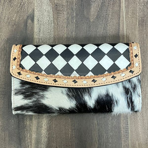 2025 estilo bohemio Blanco y Negro estilo a cuadros cuero de vaca mecanizado a mano bolso de mano y monederos de piel de vaca genuino único para mujer - Product Image 4