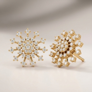 Boucles d'oreilles clous en or jaune 10k 14k 18k, motif soleil céleste, diamants de laboratoire taille ronde, pavé, motif flocon de neige en grappe - Product Image 2