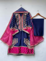 Chemise semi-formelle 3 pièces en soie style kaftan pour femme avec broderie de sequins Longueur de la chemise 51 cm Assortie à un pantalon et un dupatta en soie