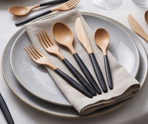 Elegant <b>Wooden</b> Cutlery <b>Set</b> With Black Handles Minimalist Design Eco Friendly Camping Flatware <b>Spoon</b> Fork Knife Long Handle - Product Image 6