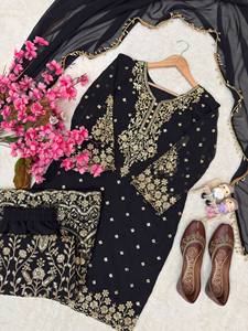 Trending Jet Black Salwar Kameez Gold Threadwork Neck Yoke Scalloped Hem Short Tunic Heavy Work Palazzo Scarf 3 Piece Designer - Product Image 3
