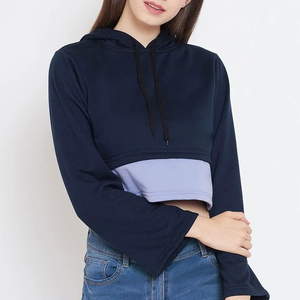 Sudadera con Capucha para Mujer, Diseño Color Block, Manga Larga, Corte Recortado, Tejido de Punto, Estilo Casual Otoñal, Azul con Bolsillos - Product Image 2