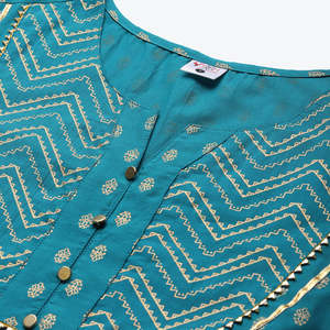 Cotton Floral Printed Anarkali <b>Kurta</b> and Short Kurti Set Teal Color <b>Women's</b> Summer Flared Casual Wear - Product Image 4