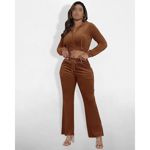 Conjunto de sudadera corta de terciopelo y pantalones jogger para mujer, con cremallera completa, manga larga, color sólido, ropa informal para estar en casa, chándal de dos piezas - Product Image 2