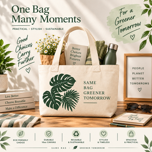Sac fourre-tout en toile avec imprimé feuilles tropicales, fermeture personnalisée, design minimaliste pour le shopping et les voyages, un avenir plus vert - Product Image 4