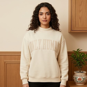 Women's Light Blue Crew Neck <b>Sweatshirt</b> With <b>Pink</b> "Only Human" Letter Custom College Mock Neck Pullover With Embroidery Logo - Product Image 3