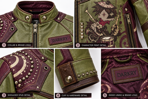 Olive Green Plum <b>Women</b> Leather Jacket Graphic Printed Biker Studded Stand Collar <b>Coat</b> OEM Custom Order Wholesale Manufacturer - Product Image 6