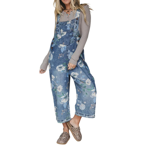 Salopette en jean à imprimé floral pour femme, coupe ample, taille haute, jambe large, avec poches, style bohème, longueur mi-mollet - Product Image 1