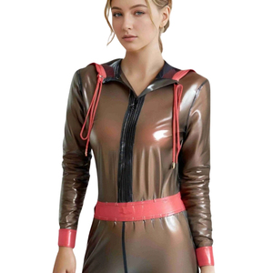 Mono de manga larga para mujer, color marrón, con revestimiento de PU, cintura alta, largo completo, estilo bodycon, para discoteca, con detalle de cremallera - Product Image 6