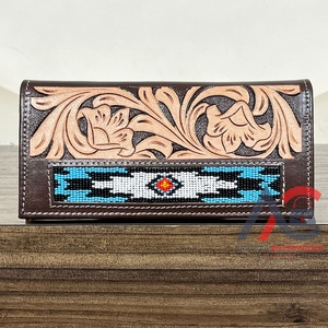 ODM OEM 2025 Hand Tooled Leather Long <b>Wallet</b> High Quality Genuine Leather Beaded Bifold Card <b>Holder</b> RFID Blocking <b>Wallet</b> for Men - Product Image 1