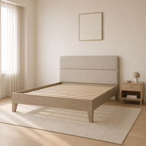 Fabricante OEM/ODM para Revendedores, Cama de Plataforma Minimalista de Madera de Roble Macizo con Cabecera Tapizada, Muebles de Dormitorio de Vietnam - Product Image 1