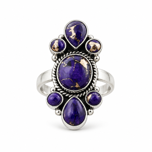 แหวนทองแดงสีม่วงประดับเทอร์ควอยซ์ทรงลูกแพร์รูปไข่ทรงกลมแบบเต็มวง แหวนทำมือสไตล์โบฮีเมียนตะวันตกประดับอัญมณี - Product Image 6