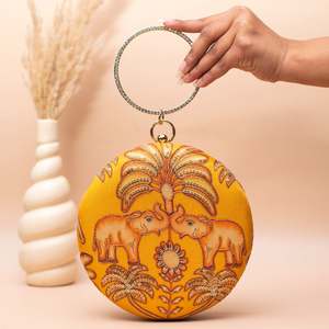 Elegante Bolso de Mano Redondo con Bordado de Elefante Amarillo para Mujer, Ideal para Fiestas y Bodas - Product Image 2