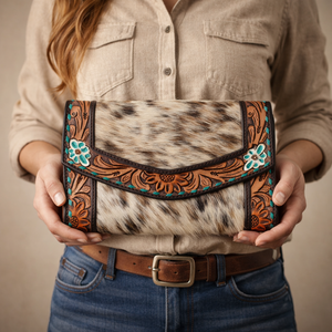 Bolso de mano tipo cartera de cuero vacuno occidental con pelo, grabado floral y incrustaciones de turquesa, hecho a mano para mujer, listo para enviar - Product Image 2