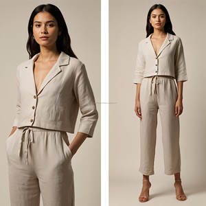 ชุดเดรสลำลองผ้าลินินสำหรับผู้หญิงแบบขายส่งตามสั่ง ปี 2025 สำหรับสวมใส่ในชีวิตประจำวัน-ชุดลำลองแบบเป็นทางการสไตล์อเมริกัน เสื้อและกางเกงพิมพ์ลายดิจิทัล รับผลิตแบบ OEM - Product Image 3