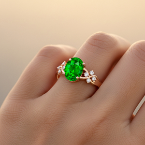 New Collection Stylish Design 14K Gold <b>Dainty</b> <b>Rings</b> Adorned With Oval Cut Lab grown Emerald Gemstone & Real White Diamond <b>Rings</b> - Product Image 2