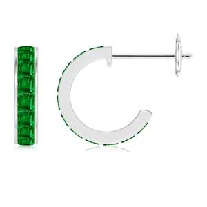 Emerald Hoop <b>Earrings</b> 14kt White Gold Channel Set Baguette Emerald Minimalist Luxury <b>Fine</b> Jewelry for Women - Product Image 2
