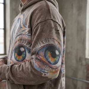 Sweat à capuche zippé pour homme avec imprimé œil personnalisé, coupe oversize, style streetwear, en coton écologique imperméable French Terry, collection automne - Product Image 3