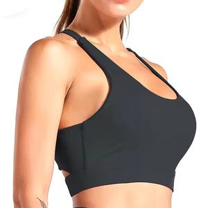 Sujetador deportivo sin costuras con cuello en V profundo para mujer, espalda cruzada, soporte medio, yoga, color sólido, tela elástica transpirable - Product Image 1