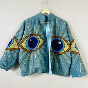 เสื้อแจ็คเก็ตผ้าฝ้ายปักลายตาปีศาจทำมือ – เสื้อโค้ทสไตล์โบโฮที่มีเอกลักษณ์ทางศิลปะ |   เสื้อคลุมสำหรับเทศกาลแบบยูนิเซ็กซ์ - Product Image 1