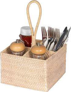 Porte-ustensiles carré en rotin tressé à la main, léger, écologique, de haute qualité, sûr pour les aliments, avec 4 compartiments et poignée - Product Image 4