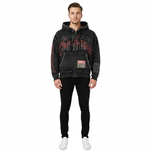 Ranzia Industry Factory Wholesale Custom Men's Custom Men’s Zip Hoodie Manufacturer 100% Cotton Embroidery Distressed Hoodie - Product Image 1
