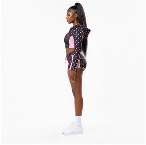 Conjunto de dos piezas de mujer con estampado de lunares, top corto con cremallera de manga larga y pantalones cortos, chándal con chaqueta corta y pantalones cortos, superventas. - Product Image 3