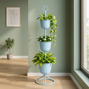 Support de plante en métal bleu pastel à trois niveaux avec pots suspendus, support de plante vertical décoratif pour jardin intérieur et extérieur - Product Image 2