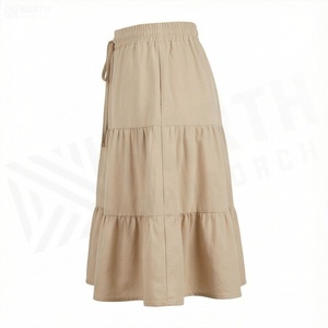 Women <b>Elastic</b> <b>Waist</b> A-Line Mini <b>Skirt</b> With Drawstring Solid Color Casual Style 100% Cotton Woven Fabric - Product Image 3