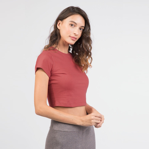 Camiseta Corta de Manga Corta con Cuello Redondo para Mujer, Color Sólido, Ajustada, Tejida en Algodón y Elastano, Informal, Transpirable, para Verano - Product Image 1