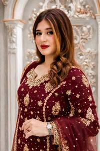 Burgundy Embroidered Indian Pakistani Set Long <b>Top</b> Palazzo Dupatta <b>Net</b> Party Outfit Women Heavy Faux Georgette Quick Dry All - Product Image 2