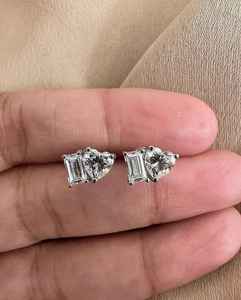 Moissanite Emerald & Heart Cut Diamond <b>Stud</b> <b>Earrings</b> For Women's 925 <b>Silver</b> With Fine Jewelry Engagement for Bridles Gift - Product Image 1