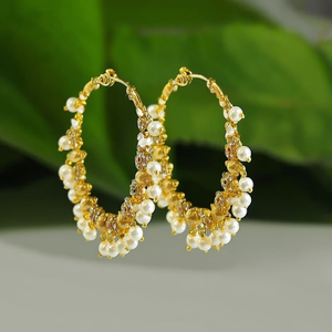 18K Gold Plated Brass Hoop Earrings with Pearl and Cross Design - Product Image 3