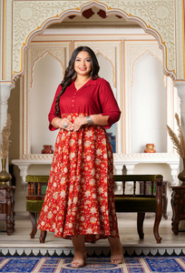 Ensemble femme en rayonne imprimé floral, grande taille, style Anarkali, col chemise, manches 3/4, bordeaux, ethnique, décontracté, tenue de fête, coupe évasée - Product Image 1