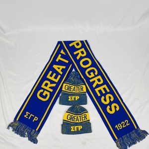 Sigma Gamma Rho <b>Scarf</b> <b>and</b> Beanie <b>Hat</b> Set Royal Blue Gold Greek Letter Winter Accessories with Knit Cuffed Pom Pom Beanie - Product Image 3