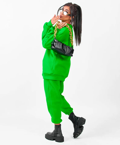 OEM Women Neon Green Crewneck Sweatshirt and Cuffed Sweatpants <b>Set</b> Custom Streetwear Tracksuit Supplier - Product Image 2