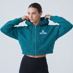 Women Loose Fit <b>Zipper</b> Crop <b>Top</b> Casual 100% Cotton Breathable Long Sleeve Fashion Street wear Baggy Fleece Hoodedd Crop <b>Top</b> - Product Image 2