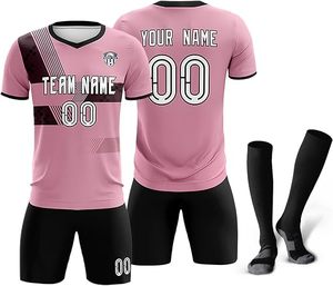 Customizable Pink Soccer Jersey Kit With Black Shorts And <b>Socks</b> Sublimation Printed V-Neck Quick Dry Unisex Adult Uniform - Product Image 1