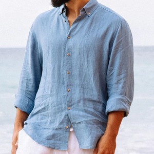 Chemise décontractée pour homme en coton et lin respirant de haute qualité, col en V, coupe ample, manches longues, été - Product Image 3