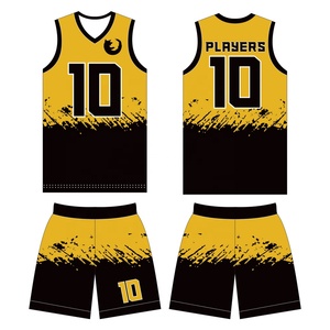 Ensemble de maillots de basket-ball sublimés personnalisés Jaune Noir Col en V Sans manches Séchage rapide Vêtements de sport pour adultes - Product Image 1