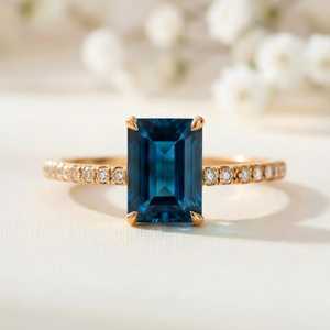 Anillo de compromiso clásico con topacio azul de diciembre, corte esmeralda, chapado en oro, plata de ley 925, anillo con piedra preciosa para uso diario. - Product Image 5