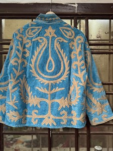 Elegant Sky Blue <b>Velvet</b> Embroidered Suzani <b>Jacket</b> Boho Stand Collar Full Sleeve Floral Hand Embroidery Autumn Outerwear - Product Image 5