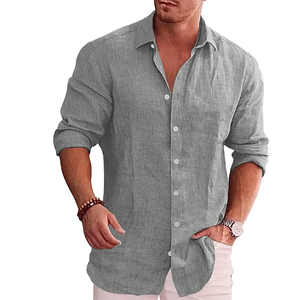 Algodón Lino Hombres Otoño Tallas grandes Casual Camisa de manga larga Color sólido Negro UE - Product Image 3