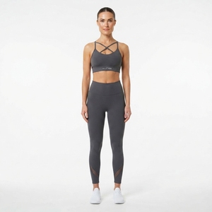 Women Mid Waist Solid Mesh Panel <b>Leggings</b> and Criss Cross Front Logo Sports Bra Two Piece Fitness <b>Activewear</b> Set - Product Image 1