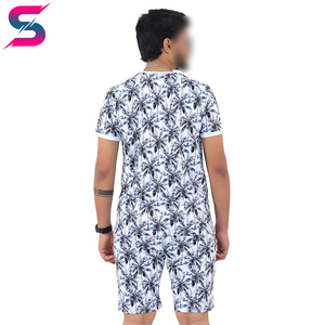 Good Selling Casual Summer Outfit Breathable <b>Knitted</b> Polyester Wear Men's Blue Leaf Print Crew Neck T-Shirt & Shorts <b>Sets</b> - Product Image 2