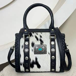 Wholesale Customize Hair On Cowhide Small Compact Western Speedy Duffel Bag Luxury Turquoise Concho Women Handbag For Daily Use - Product Image 4